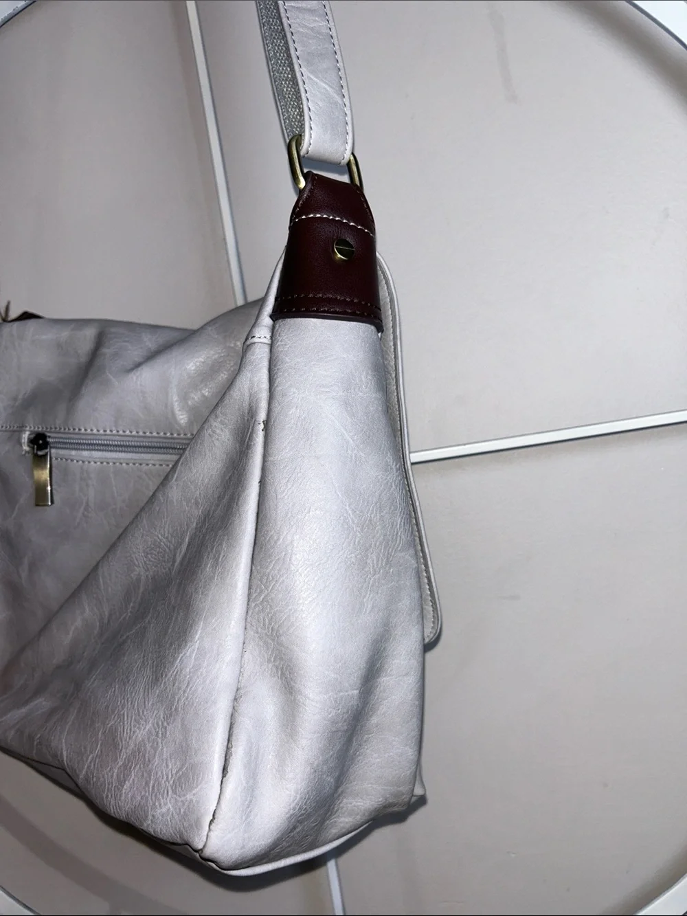 Gray Vegan Leather Crossbody Messenger Bag with Dark Brown Straps